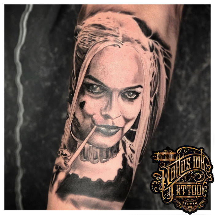 Black and grey Harley Quinn portrait tattoo by Danny
