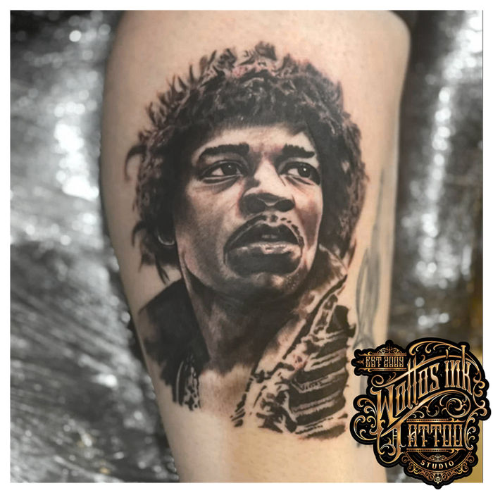 Black and grey Jimi Hendrix portrait tattoo by Danny