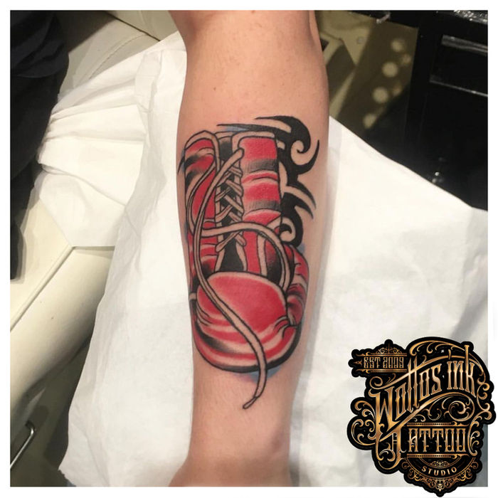 Traditional colour boxing gloves tattoo by Paul Mckenzie