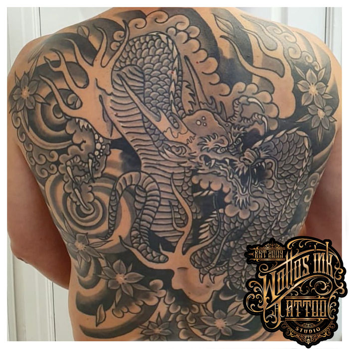 Black and grey Japanese back piece by Paul Mckenzie