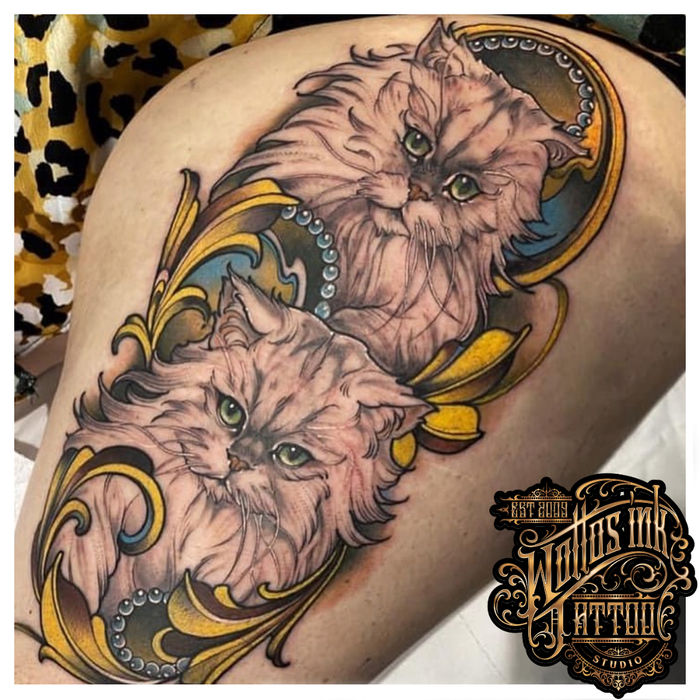Colour realism tattoo of two cats by Sarah Sparkes