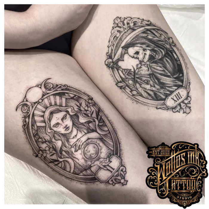 Ornamental matching thigh tattoos by Sarah Sparkes